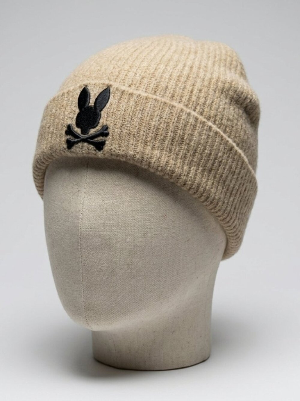 Psycho Bunny Allen Merino Wool Beanie Beige Rib Knit Logo Hat O/S